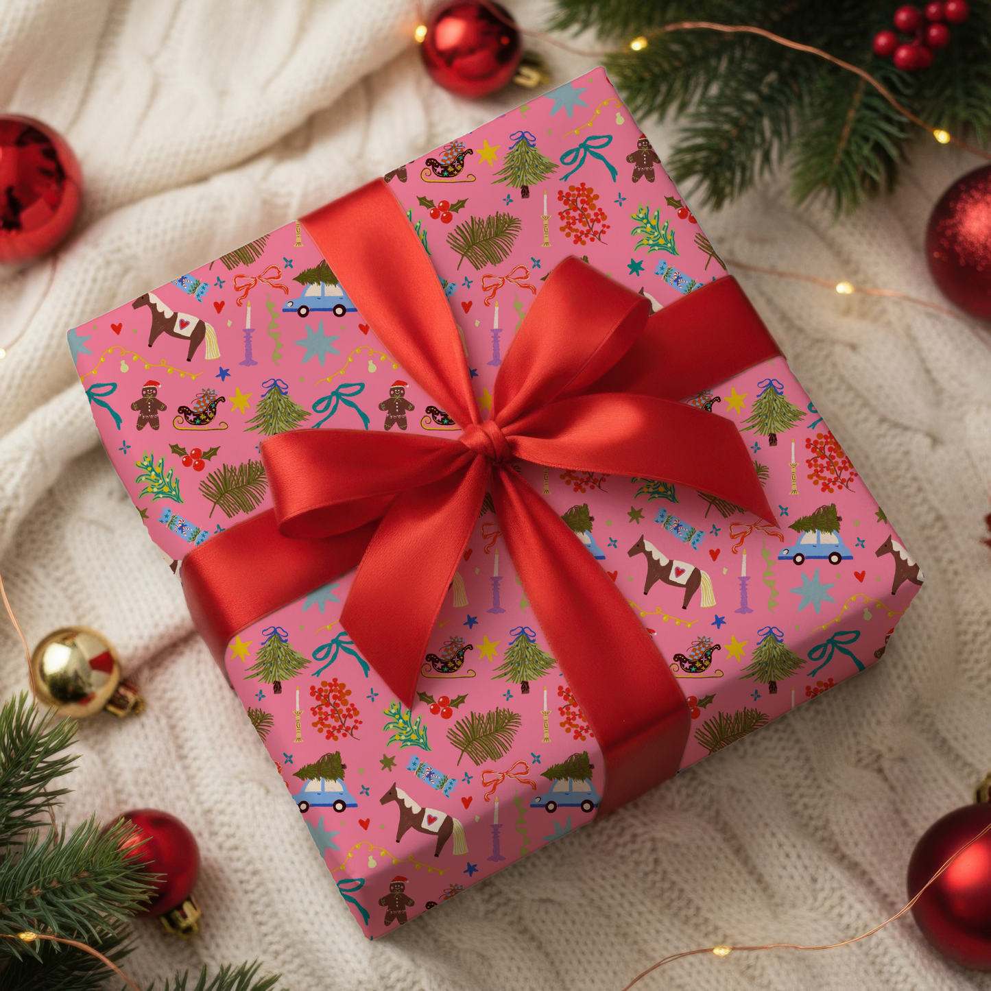 Hand illustrated Christmas gift wrap