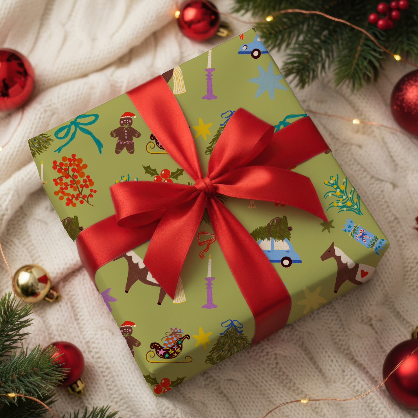 Hand illustrated Christmas gift wrap